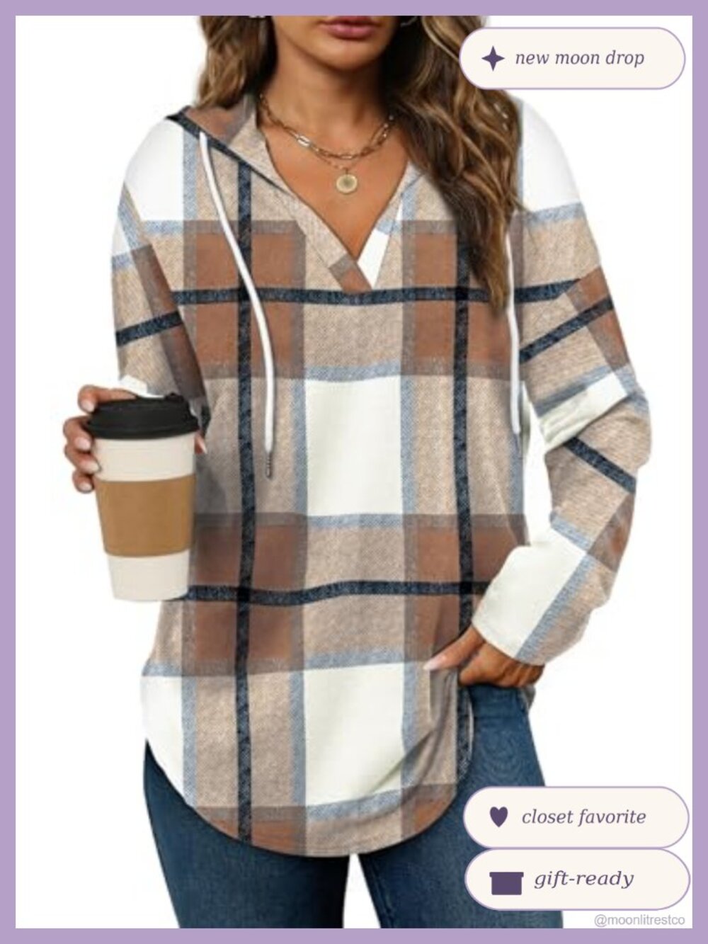 Womens Oversized V Neck Plaid Hoodie Pullover Long Sleeve Sweatshirt Loose Fit